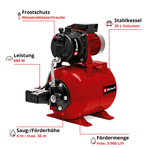 Einhell GC-WW 6839 házi vízmű, piros kerti szivattyú acéltartállyal és 680 watt teljesítménnyel.