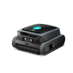 Vezeték nélküli Aiper Scuba V3 medencetisztító robot, fekete, lánctalpas meghajtással és kék kijelzővel.