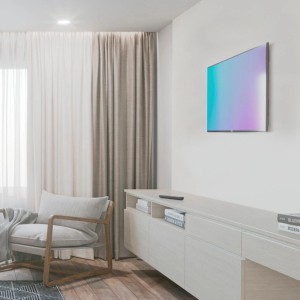 Lapos képernyős TV a falra szerelve Hama TV konzollal, minimalista design.