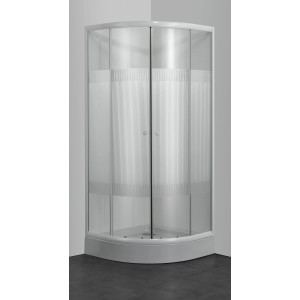 Sanotechnik negyedköríves zuhanykabin 90x90x180 cm, fehér profilokkal és csíkos üveggel.