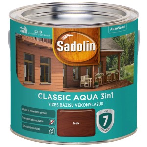 Sadolin Classic Aqua 3in1 Teak, időjárásálló festék kültéri használatra, doboz.