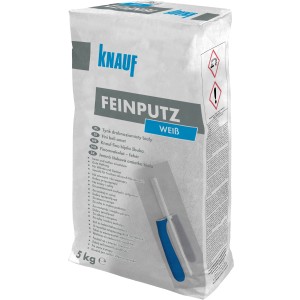 Zsák Knauf Feinputz fehér, 5 kg, simításhoz és dörzsöléshez beltéren és kültéren.