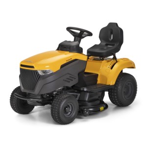 Sárga Stiga Tornado 398 fűnyíró traktor oldalsó kidobással. Kompakt fűnyíró traktor nagy kertekhez.