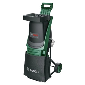 Bosch UniversalShredder akkus aprító akkumulátorokkal és töltővel. Zöld és fekete elektromos aprító gyűjtőzsákkal.