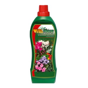 Vita Flora virágtrágya zöld flakonban, színes virágokkal.