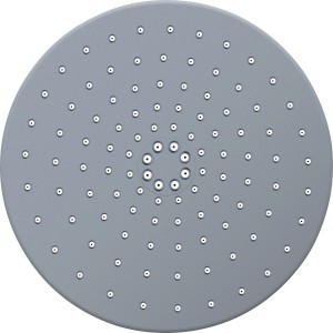 Közeli kép a kerek, szürke baliv fejzuhanyról (Ø 23 cm) vízkőmentes fúvókákkal a zuhanyszettből.