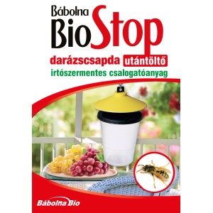Bábolna BioStop darázscsapda, sárga fedél, fehér alap, szőlő és darázs a képen.
