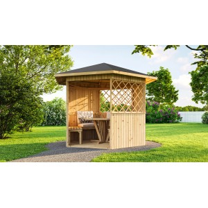 Weka Mainau fa pavilon, természetes, rácsos és ülőgarnitúrával a kertben.