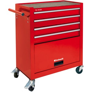 Piros Einhell TC-TW 100 műhelykocsi 4 fiókkal, tárolórekesszel és kerekekkel.