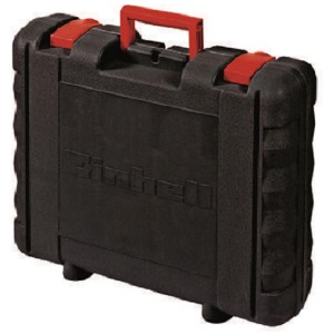 Fekete szerszámosláda piros fogantyúval az Einhell TE-AG 125/750 Kit sarokcsiszoló készlethez.