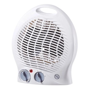 Fehér 2000 W-os ventilátoros fűtőtest termosztáttal és két fűtési fokozattal kis helyiségekhez.