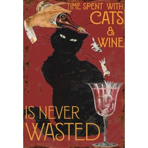 Dekoratív kép: Macska, bor és a "Time spent with cats & wine is never wasted" felirat.