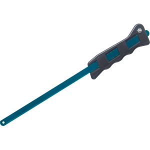 300 mm-es fémfűrész kék fűrészlappal és ergonomikus műanyag fogantyúval.
