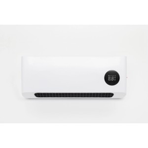 Fehér, vízszintes t.b.t. fűtőventilátor digitális kijelzővel, falra szerelhető.