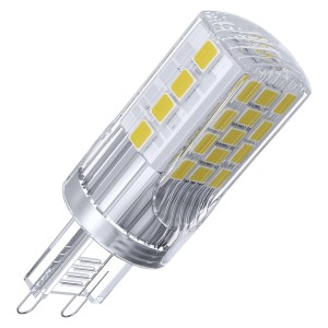 G9 LED lámpa átlátszó házzal és sárga LED-ekkel.
