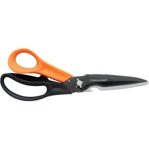 Fiskars Cuts+More univerzális olló narancssárga fogantyúval és drótvágóval.