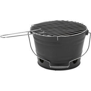 Fekete vödör grill, hordozható faszenes grill ráccsal és fogantyúval.