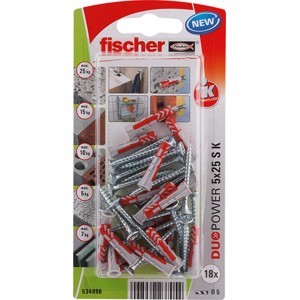 Fischer Duopower 5X25 S K tiplik és csavarok készlet, különböző építőanyagokhoz.