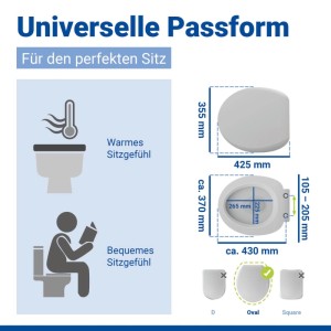 WENKO WC-ülőke infografika: Méretek, ovális illeszkedés, meleg és kényelmes ülésérzet. Univerzális.