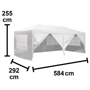 Fehér Tavares pavilon méretekkel (584x292x255 cm) kertbe és teraszra.