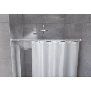 Fehér Kleine Wolke rugós rúd (75-125cm) zuhanyfüggönnyel a fürdőszobában.