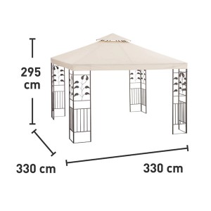 Bézs pavilon fémvázzal és méretekkel (295x330x330cm).