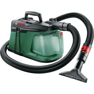 Bosch EasyVac 3 száraz porszívó zöld és fekete színben, tömlővel és fúvókával.