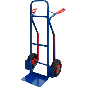 Kék lépcsőmászó molnárkocsi, 200 kg teherbírás, pneumatikus gumik és műanyag csúszásgátló.