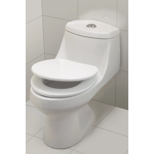 Fehér baliv Logone WC-ülőke MDF fa maggal egy WC-n.
