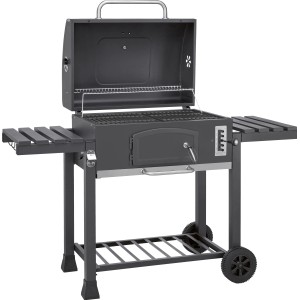 Jamestown Jaxon XL faszenes grill fedővel, oldalsó asztalokkal és tárolópolccal.