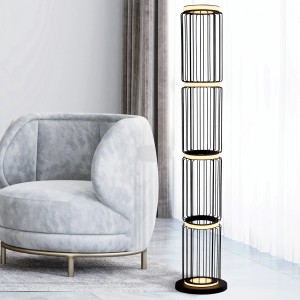Modern LED állólámpa fekete fémvázzal és hengeres lámpaernyőkkel.