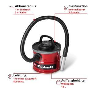 Einhell TC-AV 1830 D hamuporszívó: Piros hamuporszívó tömlővel és fém szívócsővel.