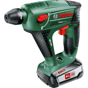 Bosch Uneo Maxx 18V akkus fúrókalapács akkumulátorral és töltővel. Kompakt zöld fúrókalapács SDS rendszerrel.