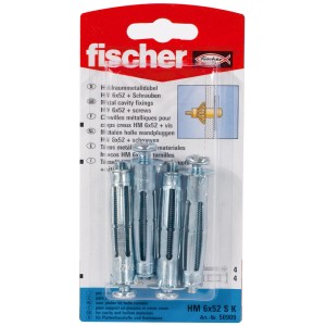 Fischer HM 6x52 SK üreges fém dübel, 4 darabos készlet csavarokkal, gipszkartonhoz és üreges mennyezetekhez.