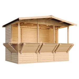 Timbela M150B fa piaci stand, 6,03 m² 5 pulttal, kezeletlen.
