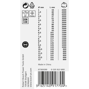 Bosch PointTeQ spirálfúró készlet, 25 darabos, Ø 1-13 mm, táblázat fúró méretekkel és hosszúságokkal.