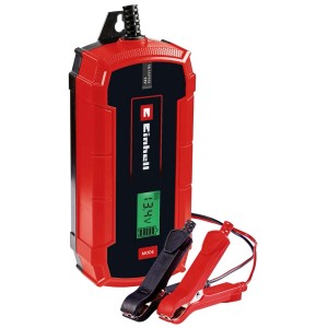 Einhell CE-BC 10 M akkumulátortöltő autóelektronikához, LCD kijelzővel és akkumulátorkapcsokkal.