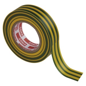 Sárga-zöld szigetelőszalag tekercsen.