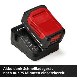 Einhell Power X-Change Starter-Kit: piros 18V 4Ah akkumulátor fekete gyorstöltőben LED kijelzővel.
