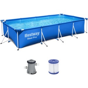 Bestway Steel Pro Frame Pool szett, négyszögletes, kék, szűrőszivattyúval és szűrőbetéttel.