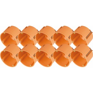 Tíz narancssárga üreges fali doboz, Ø 68 mm x 47 mm, IP30, kapcsolókhoz és aljzatokhoz.