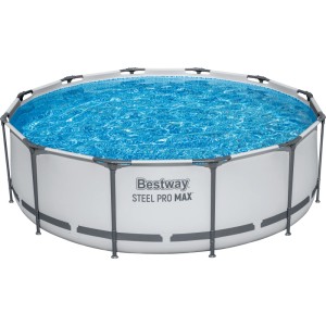 Bestway Steel Pro MAX Pool Set, Ø 366 cm, acélváz, világosszürke, kék vízzel.