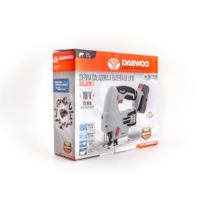 Daewoo DALJS18-1 akkus dekopírfűrész csomagolása. 18V-os fűrész precíz vágásokhoz.