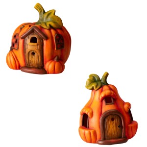 Két narancssárga terrakotta tök figura LED világítással, házikó formában. Ideális őszi és Halloween dekoráció.