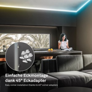 Briloner sarokadapter 4 darabos készlet LED szalagokhoz, szoba sarkába szerelve.