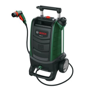 Bosch Fontus 18V Solo akkus magasnyomású mosó, mobil magasnyomású tisztító kerekekkel és szórópisztollyal.