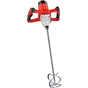 Einhell TE-MX 1600-2 CE festék- és habarcskeverő, piros/ezüst, nagy fogantyúval és keverőszerszámmal.