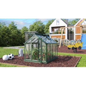 Vitavia Merlin Smaragd mini üvegház (87x111cm) nyitott ajtóval a kertben.