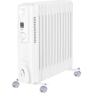 Fehér Aulum olajradiátor 13 bordával, 2500 W teljesítménnyel és kerekekkel a mobil használathoz.