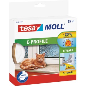 Tesamoll® E-profil gumitömítés csomagolása, 25 m, fehér. Ablak- és ajtótömítő szalag.